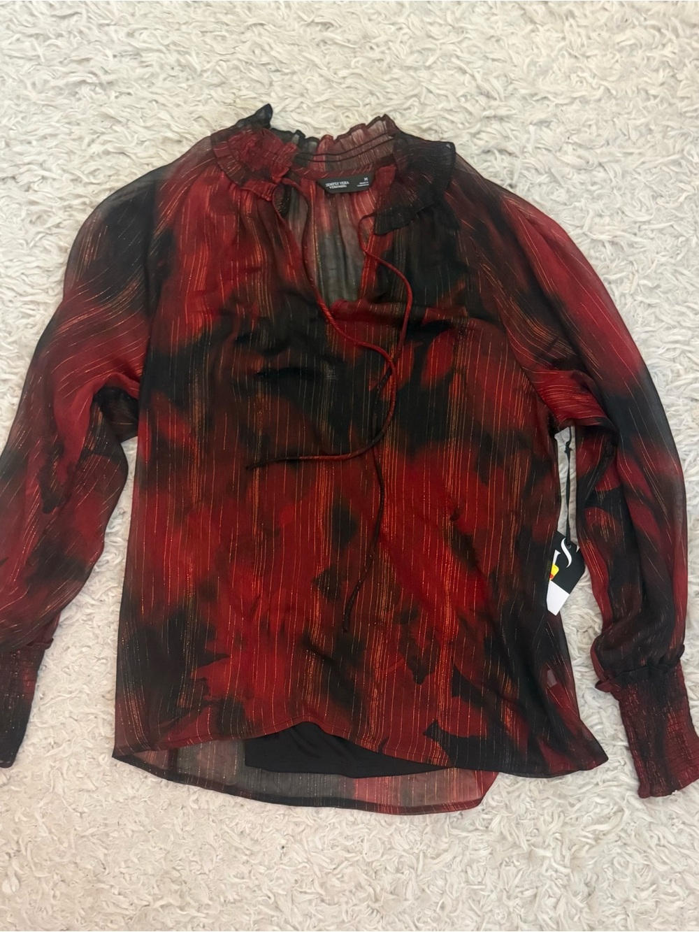Simply Vera Vera Wang Red and Black Sheer Tie-Neck Blouse